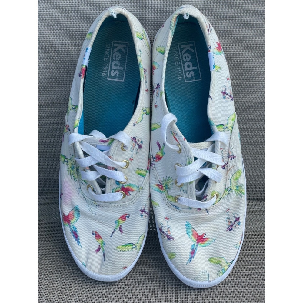 Keds Champion Sneakers Womens 7 White Good Tropical Parrot Print Canvas Lace Up